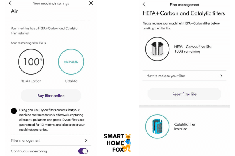 В управлении фильтрами в приложении Dyson Link можно узнать оставшийся срок службы фильтрующих элементов.